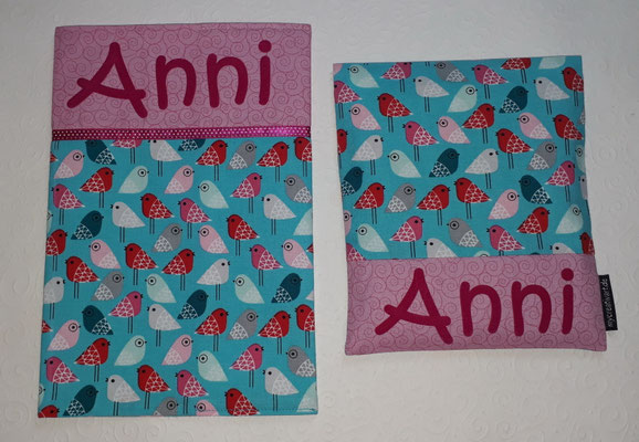 U-Heft-Hülle und Wärmekissen in "Vögel türkis-pink", nur noch wenig Stoff da!