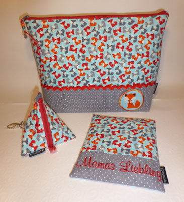 Wickeltasche, Schnullertasche, Wärmekissen in "Füchse türkis-orange"