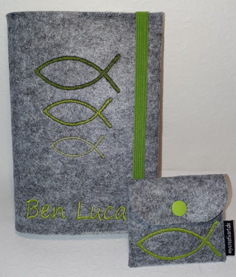 Stickmotiv Fische groß-klein in grün mit Gummi grün auf hellgrau-meliertem Filz mit Rosenkranztäschchen Fisch (Stickdateien von Taera-DIY)