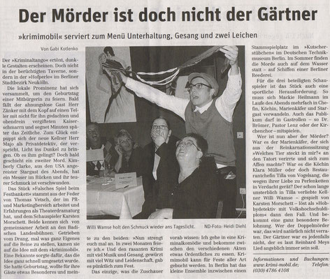 Krimi-Dinner von Theater krimimobil Berlin in der Presse