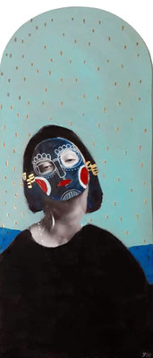 Le masque II, 2019, acrylique, feutre et collage sur bois. 