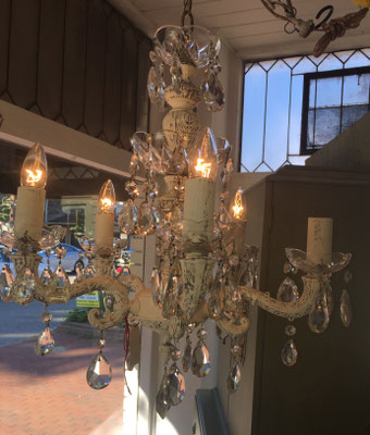 crystal chandelier brass antique vintage shabby chic white cream painted custom distressed farmhouse platypus magnolia farms refinished interior design lighting painting new jersey chester local cheap inexpensive new home furnish decorate country grey