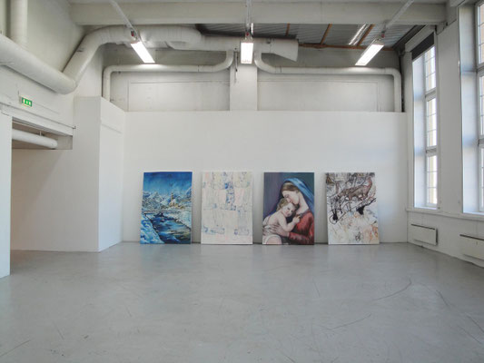 Manuel Portioli, Rise and fall of a living human, 2013, tecnica mista su tela, 199x139 ognuna