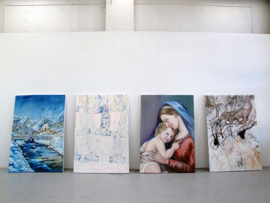 Manuel Portioli, Rise and fall of a living human, 2013, tecnica mista su tela, 199x139 ognuna