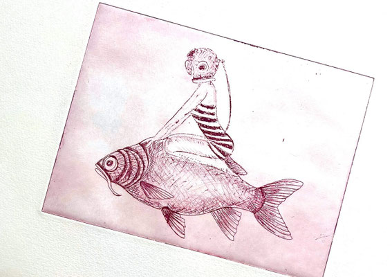 Radierung Fisch und Frau in rosa