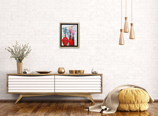 Handgemachte Collage in rot mit Vasen und Blumen