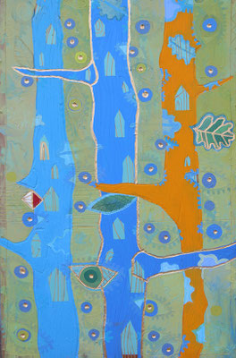 "BLÄUME MIT GELBEM GAST" 2023. St.Johann 92 x 59 cm Öl & Acryl auf geschnitztem Holz  € 1233