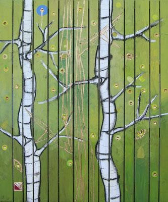 "ZWEI BIRKEN UND EIN GLÄSERNER BAUM" 2023. St.Johann 85 x 72 cm Öl & Acryl auf geschnitztem Holz  € 1800