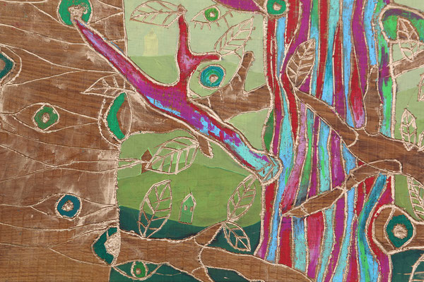 DETAIL aus "BUNTER STAMM" 2022. St.Johann 40 x 120 cm Öl & Acryl auf geschnitztem Holz € 1233