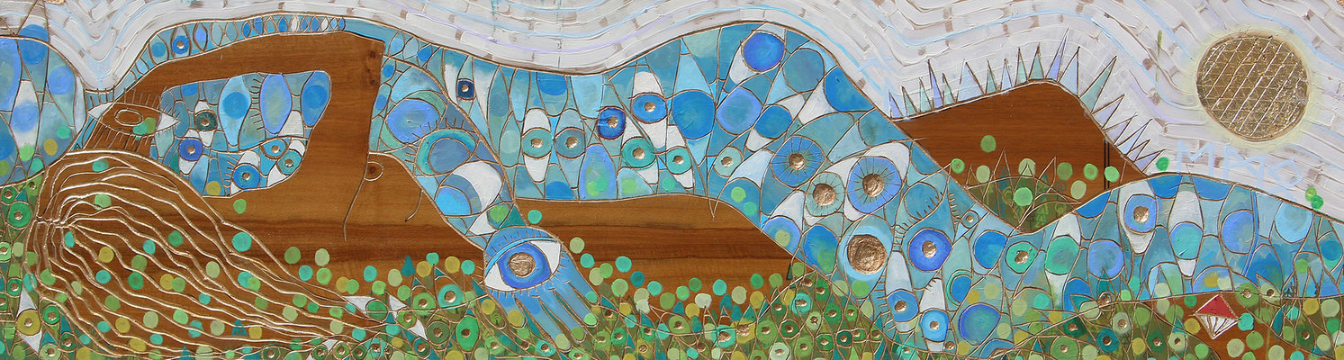 "GAIA und URANOS" 2023. St.Johann 49 x 180 cm Öl & Acryl auf geschnitztem Holz € 2520
