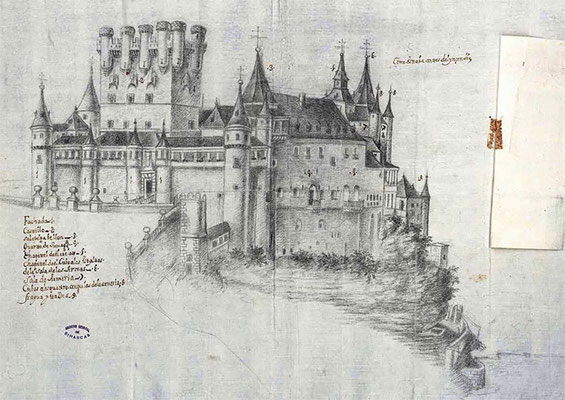 Dibujo antiguo del Alcázar antes del incendio (Archivo General de Simancas)