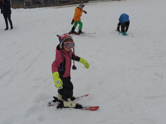 Cate trying out her skis, Mount Cheeseman Ski Area