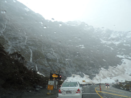 Waiting, (in an avalanche zone) for our turn for the tunnel to Milford Sound.