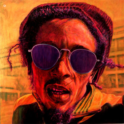 Original Portrait Painting of Jamaikan Reggae-Singer, Guitarist, Songwriter and Aktivist Bob Marley and the Wailers. Buffalo Soldier, Get Up, Stand Up, I Shot the Sheriff, No Womean, No Cry, Could You Be Loved?, Redemtion Song and Stir It Up.