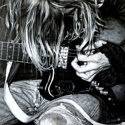 Original Portrait Painting of Kurt Cobain, american Rock Musucian. Singer, Songwriter and guitar Player in the Seattle Rock Band Nirvana. Bleach, Nevermind, In Uter,Incesticide, Blew, Horoaning, Smells Like Teen Spirit, Come as You Are and Heart-Shaped Bo
