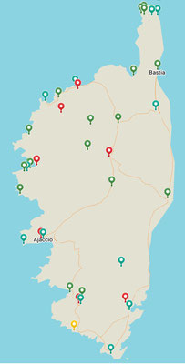 Les points rouge indiquent les lieux où nous avons logé, les verts quelques uns des lieux où nous sommes allés