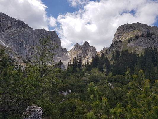 Blick hinauf zur Krähe und Gabelschrofen