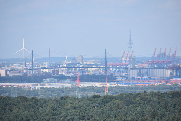 Blick auf Köhlbrandbrücke und Telemichel vom Elbblickturm im Wildpark