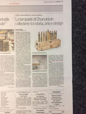 Articolo nel giornale "LA STAMPA" su l'entrata del Hanukkah nel Museo Ebraico di Casale Monferrato 2019