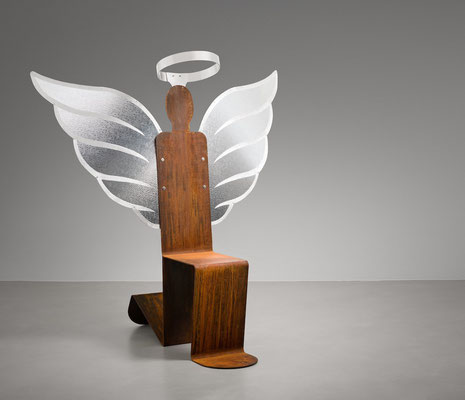 PASSAGE TO PARADISE AND YOU BECOME THE ANGEL! l 2021 l 155x150x115 cm, W. 45 kg l Mirrored and hammered aluminum and Corten steel 