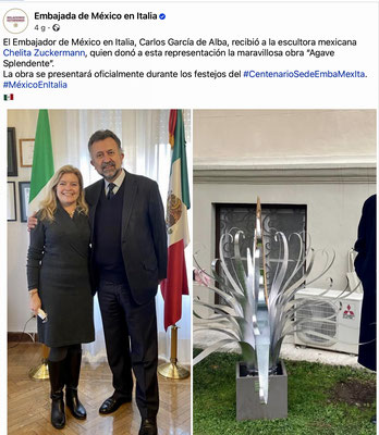 Article from the Mexican Embassy in Italy on Facebook about her donation of the sculpture Shiny Agave to the Embassy.
