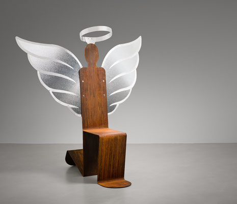 PASSAGE TO PARADISE and THE ANGEL IS YOU! 2021 - H. 155 cm, L. 115 cm, Wingspam 150 cm, W. 60 kg. Mirrored and hammered aluminum and Corten steel