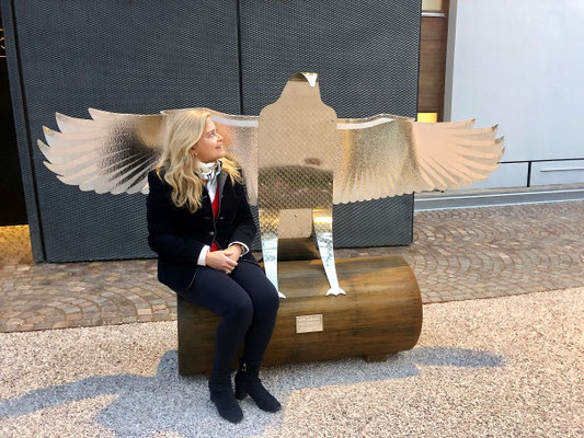 OUR EAGLE l 2022 l 155x245x60 cm. W. 75 kg. at Palais Campofranco in Bolzano, Italy. Iron and Corten steel, polished and hammered aluminum