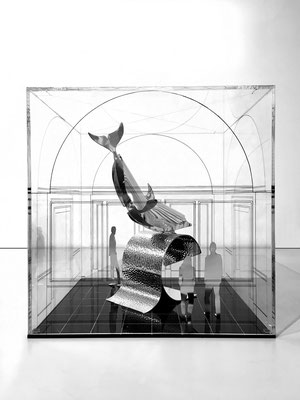 DOLPHIN AT THE MUSEUM l 2024 l 40x40x40 cm, W.2 kg.- Model for large sculpture in stainless steel-aluminium and plexiglass