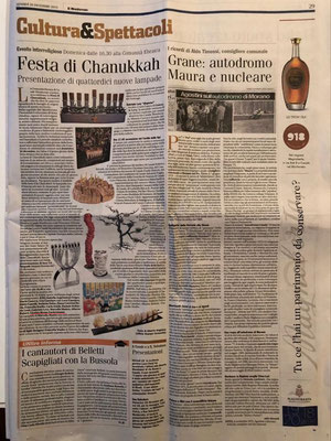 Articolo nel quotidiano "Il Monferrato" su l'entrata del mio Hanukkah nel Museo Ebraico di Casale Monferrato 2019
