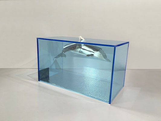 DECEPTIVE FIN l 2025 l 35x18x20 cm, P. 1 kg. l Aluminio y caja en plexiglás. (Modelo para la escultura grande en acero inox.). Disponible