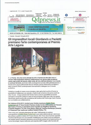 Articolo sul Premio Arte Laguna sul Qdpnews.it 2019