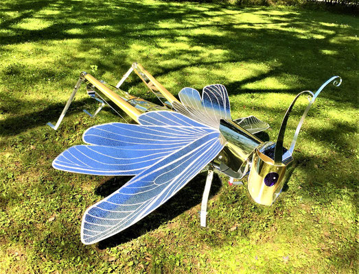 The CRICKET CHAPULIN 2019 - H. 70 cm, L. 135 cm, Wingspan 190 cm, P. 9 kg. With opened wings. Mirrored, hammered and anodized aluminum