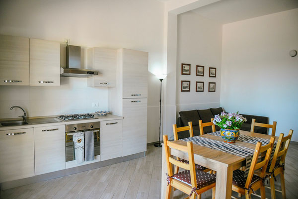Zona living-cucina con divano letto matrimoniale • Living room-kitchen with double bed-sofa 