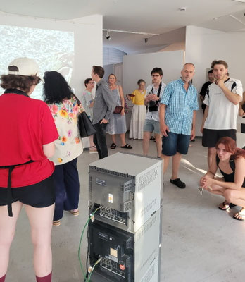 Publikum betrachtet die 3-Kanal-Videoskulptur von Flora Güldenpfennig, Foto: Karin Gerlach