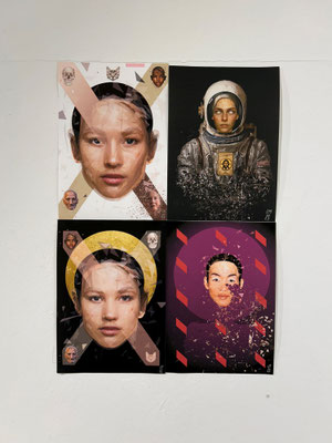 Ausstellung MIGRATION VERLUST oder FREIHEIT: Lech Mazurek - Lublin, Samsara, Bhavacakra, Iconmahia, Simulacrum small, 2024, Ink-Print, je 30 x 21 cm, Foto: Sarah Menges