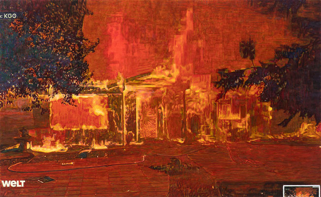 Bungalow burns, 110 x 180 cm, Aquarell auf Leinwand, 2023, Preis auf Anfrage