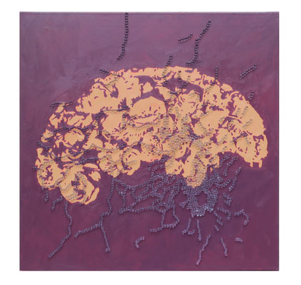 Johannes Nandu Kreische: VORTAGESROSEN, Glaskugeln mit Öl auf Leinwand, 90x90cm, 2016