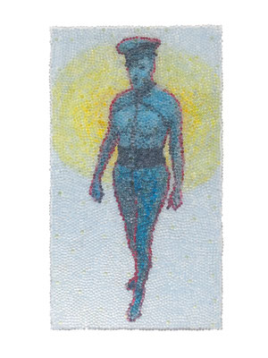 Johannes Nandu Kriesche: LUSTPOLIZEI, Glaskugeln auf Öl, Leinwand und  Holz, 80x45cm, 2017 