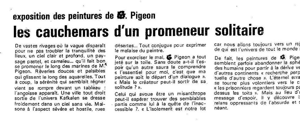 Exposition de peintures de Gérard Pigeon : « Les cauchemars d'un promeneur solitaire » (La Manche libre, non daté)