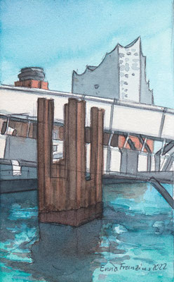 Überseebrücke und Elbphilharmonie in Hamburg, Elbe, Hamburger Hafen, Aquarell, 2022, Enno Franzius
