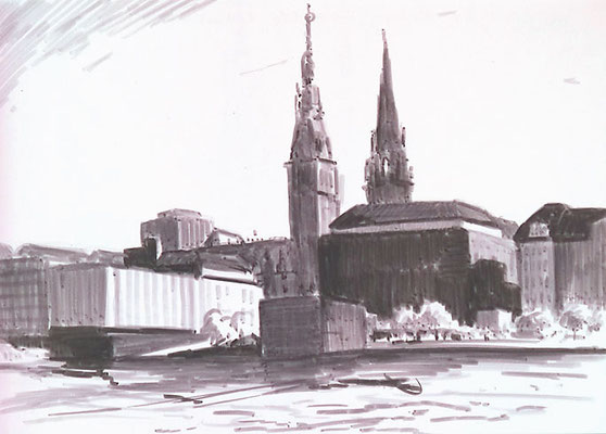 Blick auf den Jungfernstieg, Rathaus Hamburg und den Turm der alten Nikolaikirche, Filzstift, Skizze, 2018, Enno Franzius