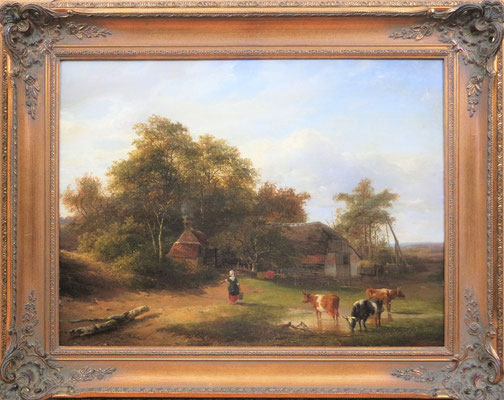 Willem Roelofs (1822-1897) | Haagse School | Olieverf op paneel | Paneelmaat: 38 cm. x 51 cm. | "Landschap met boerderij, boerin en vee" | Taxatie: 9.000,= euro | Onze speciale prijs: 4.500,= euro | Met echtheidscertificaat!
