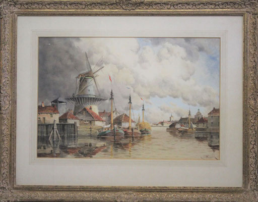 Hermanus Koekkoek Jr (1836-1909) | 19de eeuw | Aquarel op papier | Beeldmaat: 39 cm. x 59 cm. | "Binnenhaven bij een molen" | Taxatiewaarde: 1.750,= euro | Onze speciale prijs: 1.250,= euro | Met echtheidscertificaat!