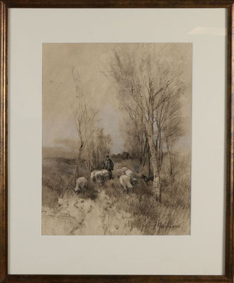 Johannes Josephus Garjeanne (1860-1930) | Impressionist | 19de eeuw | Gemengde techniek | "Landschap met herder en schapen" | Beeldmaat: 40 cm. x 32 cm. | Verkocht!