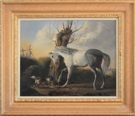 Karel Frederik Bombled (1822-1902) | Hollandse Romantiek 19de eeuw | Olieverf op papier op paneel | Paneelmaat: 37 cm. x 46 cm. | "Paard met hond" | Prijs: 3.750,= euro | Met echtheidscertificaat en taxatierapport