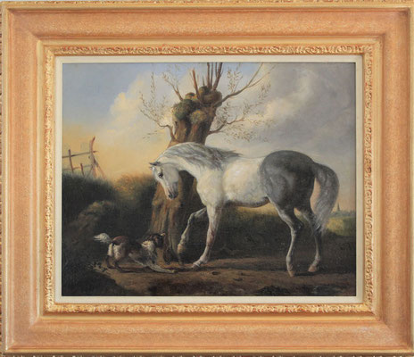 Karel Frederik Bombled (1822-1902) | Hollandse Romantiek 19de eeuw | Olieverf op papier op paneel | Paneelmaat: 37 cm. x 46 cm. | "Paard met hond" | Prijs: 3.750,= euro | Onze prijs: 3.250,= euro | Met echtheidscertificaat en taxatierapport