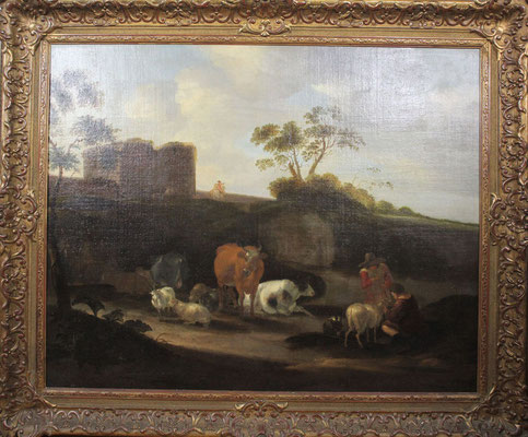 Dirck van Bergen (1645-1699) | 17de eeuw Oude Meesters | Gouden eeuw | Olieverf op doek | Doekmaat: 70 cm. x 88 cm. | "Landschap met ruïne, vee en figuren" | Prijs: 9.500,= euro | Met echtheidscertificaat