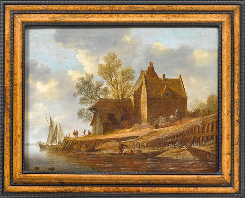 Pieter Pietersz. de Neyn (1597-1639) | 17de eeuw | Olieverf op paneel | Paneelmaat: 40 x 52,8 cm. | "Pension aan een rivier met voorbijgangers" | Gedateerd 1638 | Taxatiewaarde: 32.500,= euro | Onze prijs: 25.000,= euro | Met echtheidscertificaat!