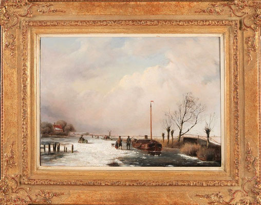 Jacobus Freudenberg (1818-1873) | Hollandse Romantiek 19de eeuw | Olieverf op paneel | Paneelmaat: 32 cm. x 43 cm. | "Hollandse ijspret met knotswilgen en windmolen" | Taxatiewaarde: 5.500,= euro | Onze prijs: 4.500,= euro | Met echtheidscertificaat
