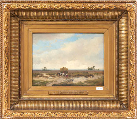 Andreas Schelfhout (1787-1870) | Hollandse romantiek 19de eeuw | Olieverf op paneel | Paneelmaat: 22 cm. x 30,5 cm. | "Hooiwagen in zomers heide-duinlandschap" | Taxatiewaarde: 15.000,= euro | Onze prijs: 9.500,= euro | Met echtheidscertificaat!